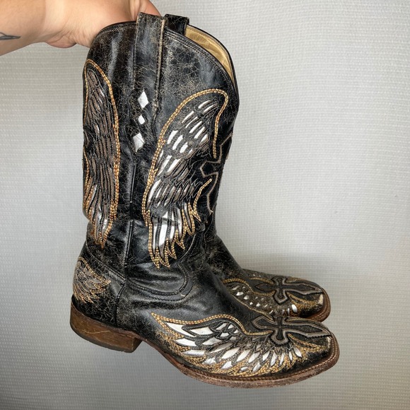Corral Shoes - Corral Womens Black Distressed Leather Wing Cross Inlay Cowboy Boots A2005 11.5D